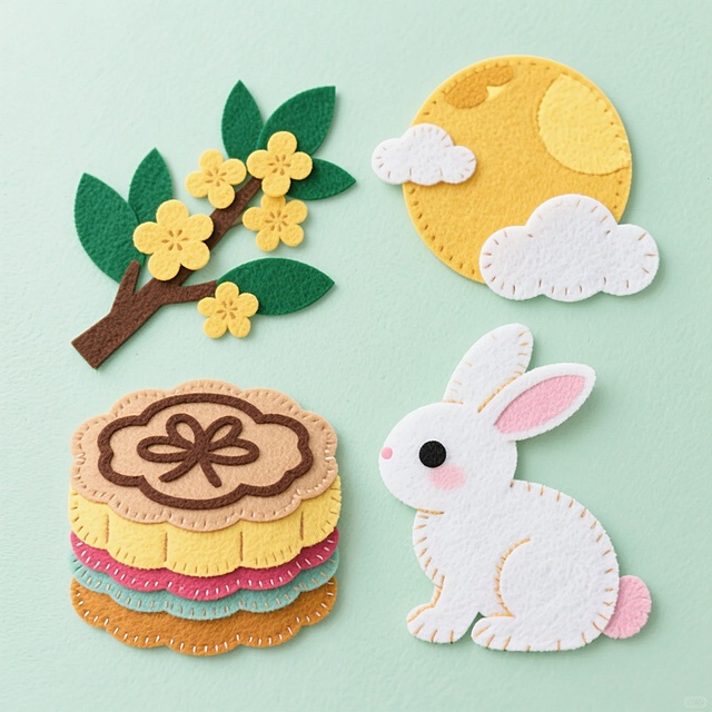 在淡绿色的平面背景上，四个元素以两个两个并排的方式排列。四个中秋元素的物体：一个月饼呈现出圆形，表面刻有简洁图案；一个桂花树枝；一只可爱的白兔蹲着；一个金黄圆形的月亮（环绕着白云）。画面构图简洁而工整。