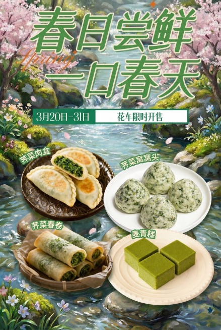 将图一的所有文字和四个菜品完整放入图二的溪流樱花石头油画背景中，保持图一原有文字样式和菜品相对位置不变，将每个菜品放置在背景露出的石头平台上，匹配背景光照，为菜品生成符合物理规律的柔和投影，添加环境色预览效果