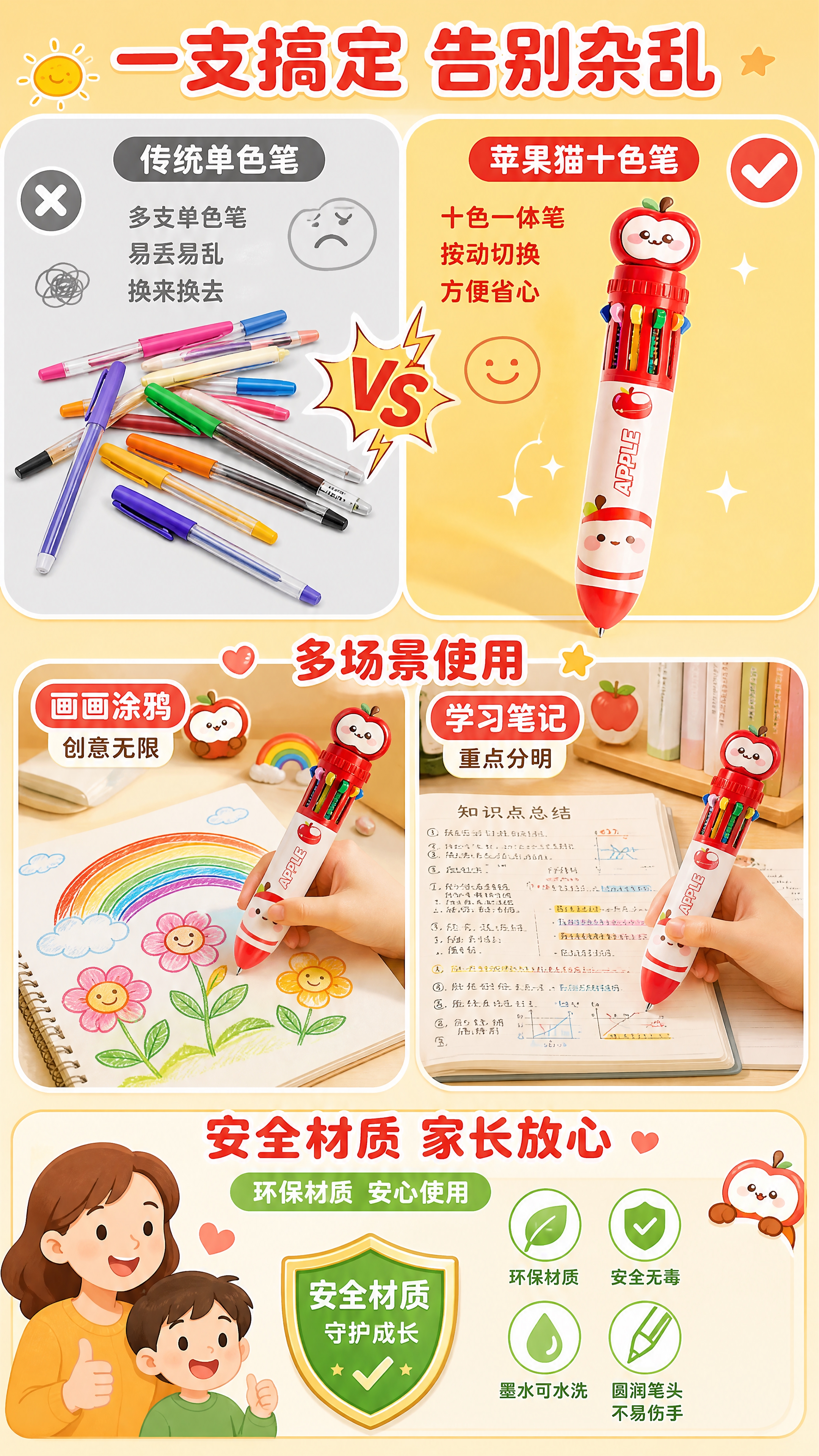 [第2张] 详情页对比+多场景模块——苹果猫十色按动笔 vs… - 图片创意预览