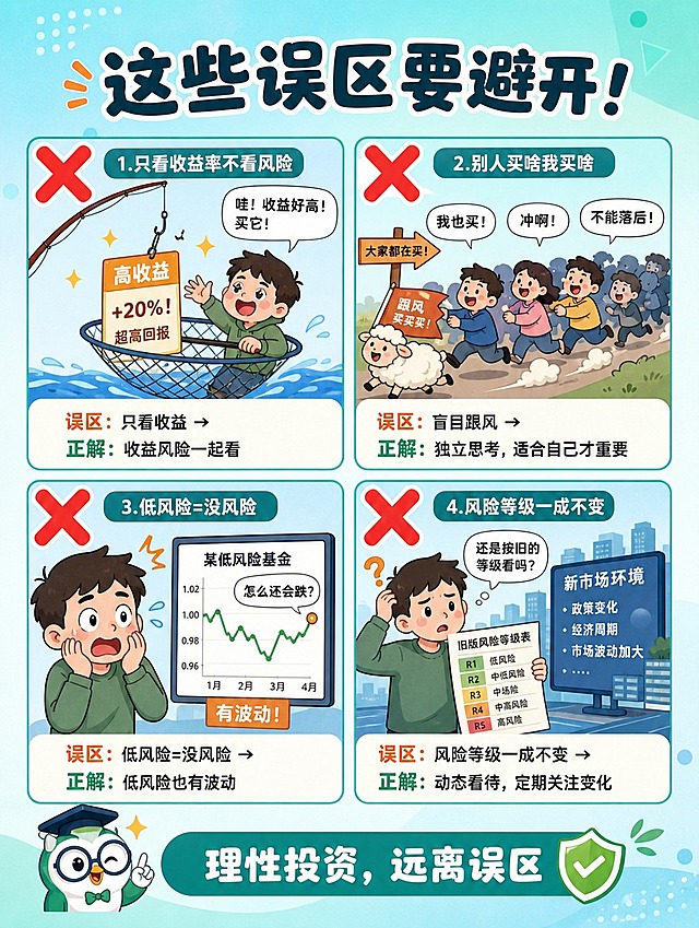[商品] 无实物商品，基金风险等级科普长图文第7张
[画面] 目标：用漫画吐槽常见投资误区，加深记忆。四格漫画布局，2x2排列，每格一个误区场景：1）"只看收益率不看风险"（投资者被高收益诱饵钓起的漫画）；2）"别人买啥我买啥"（羊群效应漫画，一群人盲目跟风）；3）"低风险=没风险"（投资者以为保本结果仍有波动的惊讶表情）；4）"风险等级一成不变"（投资者拿着旧等级表面对新市场的困惑）。每格都有大大的红叉表示错误。
[视觉] 套系策略：风格=趣味扁平漫画风；标题字=圆润可爱粗体卡通字；正文字=简洁圆润无衬线体；主色=清新蓝绿渐变；背景延展=基于蓝绿色做深浅层级、同色渐变和柔和几何图形点缀；强调色=暖橙色，仅用于小面积图标、引线和重点标签；标题色=深蓝绿；正文色=深灰；组件=圆角彩色信息卡、虚线引线、可爱图标；光影=平涂风格，柔和均匀光线。
[文字] 顶部主标题"这些误区要避开！"，每格漫画下方配一句话误区说明和正确做法，如"误区：只看收益 → 正解：收益风险一起看"。底部总结"理性投资，远离误区"。文字横向排版，每格文字简洁有力。
[规格] 图片比例3:4竖版长图文，分辨率4K，避免变形、错字、文字过小、画面杂乱、竖排文字