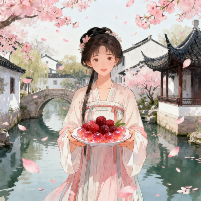 手绘风格古代汉服美女，温婉柔美，双手端着一盘晶莹剔透、色泽鲜亮的杨梅糖，粉色桃花瓣漫天飞舞飘落，背景是苏州春日的江南园林景致，小桥流水、黛瓦白墙，整体色调柔和清新，充满春日浪漫氛围感，笔触细腻柔和预览效果