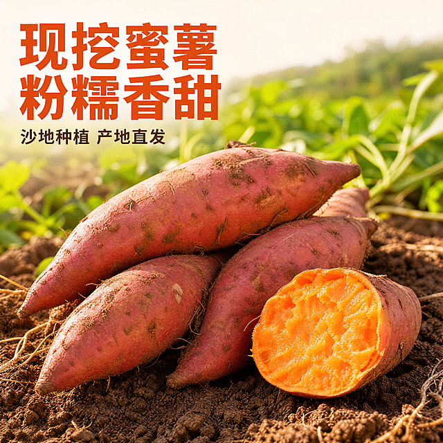[主图-1] 新鲜红薯产品首图，场景化食欲展示。[氛围风格] 自然原生态，新鲜产地氛围。[画质] 商业摄影质感、光线柔和通透、产品清晰真实、画面干净高级。[元素] 多块完整新鲜红薯摆放在农田泥土上，旁边搭配一块切开的红薯展示粉糯内部质地，带着新鲜泥土痕迹，背景是模糊的绿色农田远景，商品主体占比严格控制在60%-80%之间，画面满屏无边框，保持红薯外观颜色质地真实一致，杜绝变形色差。[光影] 自然暖阳逆光，突出红薯表皮光泽和质地通透感，光线柔和自然，暗部有层次。[配色] 主色调为红薯的橘红色搭配泥土棕褐色和农田绿色，自然清新。[视角构图] 平视角度，景深适中，产品完整不裁切，主体突出。[文字版式] 左上负空间左对齐留安全边距，大字文案写"{现挖}蜜薯 粉糯香甜"，橘红色粗体无衬线，辅助小字写"沙地种植 产地直发"，颜色深棕，大小约为大字的一半，文字不遮挡产品主体。[比例分辨率] 1:1比例，4k分辨率，文字清晰可辨，超高清。[负向提示词] 变形，水印，文字错乱，产品图模糊，背景杂乱。