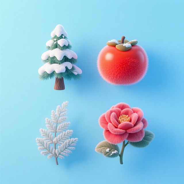 4个冬季植物元素，分别是雪杉、柿子、文竹、茶花。上下两行对齐排列，浅蓝色纯色背景。