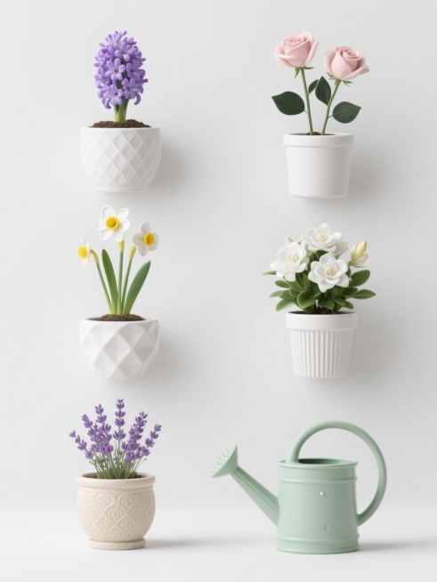 一张具有现代简约设计感的盆栽系列海报，采用纯白色纯色背景，画面中整齐排布六个不同种类的盆栽植物和园艺元素，均保持与参考图一致的高质量3D渲染风格，光影柔和自然，物体边缘清晰锐利，色彩真实细腻。第一排左侧是一盆盛开的紫色风信子，种植在带有几何菱形纹路的白色陶瓷花盆中；第一排右侧是两枝盛开的浅粉色玫瑰花，搭配深绿色叶片，栽种在简约圆柱形白色花盆里；第二排左侧为黄色花瓣白色花心的水仙花，叶片挺拔，种……预览效果
