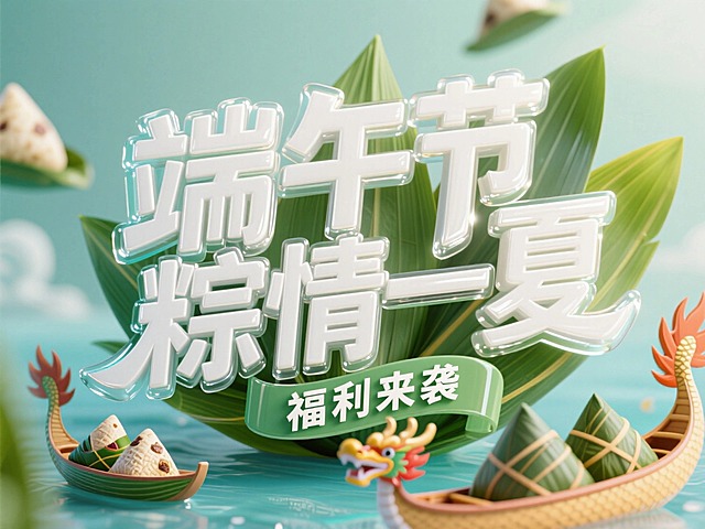白色立体艺术字“端午节，粽情一夏”，副标题“福利来袭”，多层白色玻璃厚度，文字边缘有高光效果模拟出光线照射的质感，周围有粽叶等节日氛围装饰，正视图