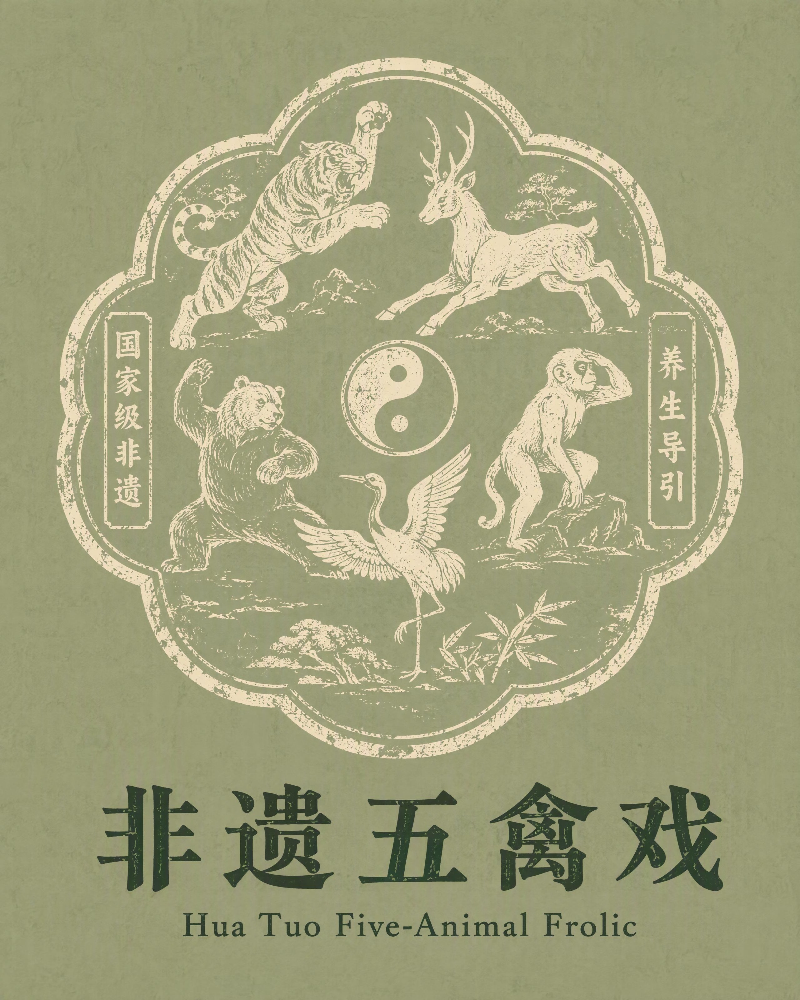 非遗五禽戏中式印章徽章LOGO，海棠花外轮廓异形印章，复古版画… - 图片创意预览