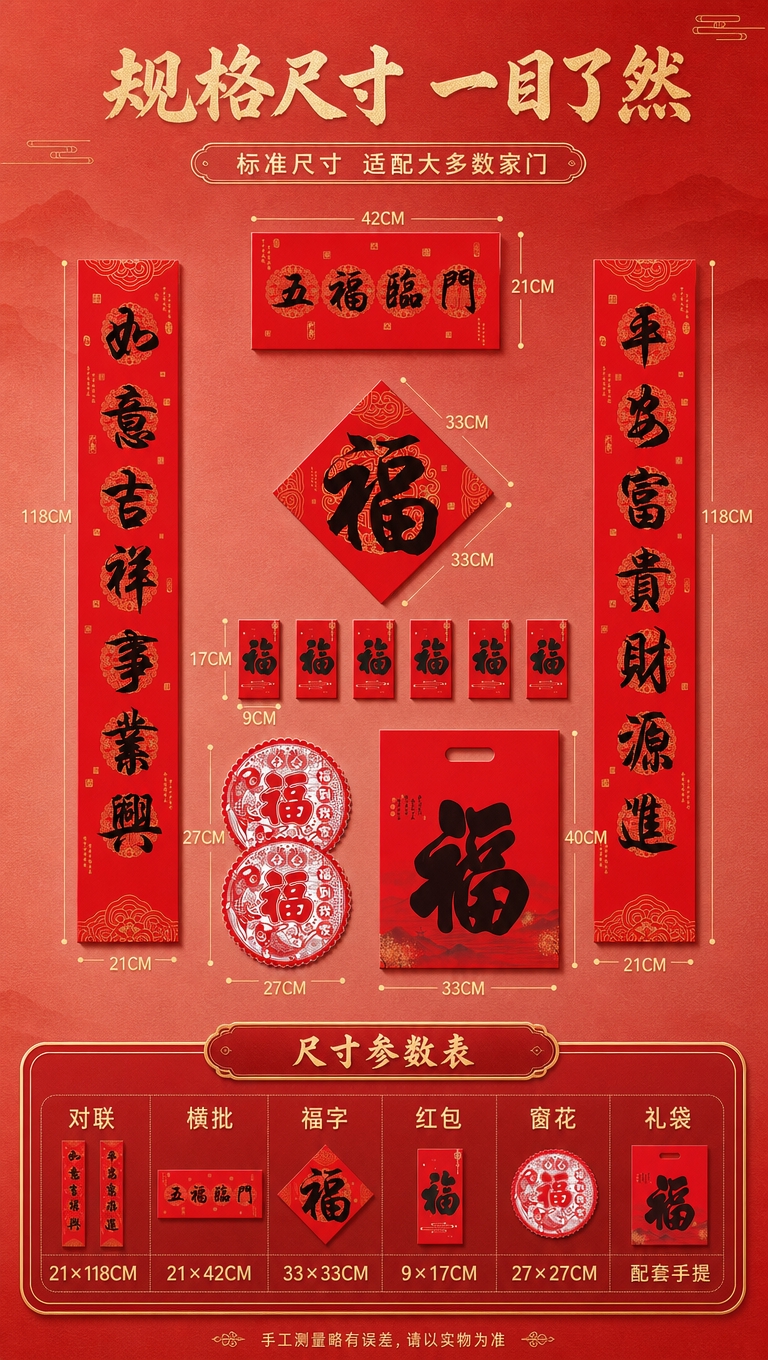 [商品] 使用【图1】五福临门款对联礼包全套物件作为尺寸参照；… - 图片创意预览