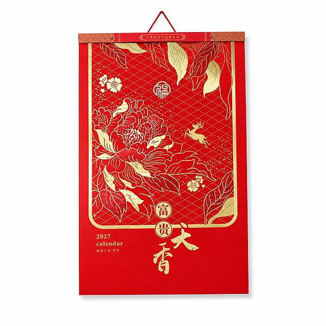 产品精修, 产品置于纯白背景上, 专业商业棚拍光, 5500K标准中性白光, 轮廓光, 体积光, 曝光正确, 强烈真实立体感, 提亮黑色/深色区域的结构层次, 拉开明暗过渡, 恢复部件边界、接缝、转折面和厚度关系, 避免一片死黑但保持原图深色属性, 接地处保留干净浅淡的自然接触阴影, 严禁大片投影、脏灰阴影和悬浮感, 主体居中, 商品完整入画不裁切, 商品外轮廓视觉体量约画面60%-80%, 四边均匀留白约10%-20%, 严禁满幅铺满与贴边顶满, 极致超清画质, 细节清晰锐利, 4K分辨率, 商业级实拍质感, 保留原图真实材质与结构细节, 明显提升商品表面洁净度, 清理灰尘、污渍、指纹、油污、胶痕和霉点, 让表面从脏旧发闷变为干净可售卖状态, 修复划痕、磨损、掉漆、飞边毛刺和使用旧痕, 翻新为干净商业新品感, 基于原图材质恢复纹理、颗粒、折射、高光、柔韧折痕、透明边线或工艺细节, 避免糊成塑料感, 去除非售卖主体杂物、临时垫块、包装垫、支撑块、纸片或填充物, 严禁误删商品结构, 锁定原图商品颜色, 颜色以输入图为唯一参考, 分段部件颜色边界按原图锁定, 还原真实物理色彩, 消除灰暗感和偏色, 锁定原图商品轮廓、件数、部件位置、连接关系、标签文字和可见功能细节, 只做精修不重绘结构, 挂历红色封面纸张: 哑光/半哑光纸质质感, 柔和漫反射, 低高光, 烫金牡丹富贵天香图案区域: 光面金属质感按原图锁定, 高光边线清晰, 反射干净但不过度镜面化, 挂绳区域: 布艺/纺织质感自然, 织纹方向清晰, 纤维层次真实, 正视图, 标准透视校正, 正常透视焦段, 保持同类机位, 比例1:1
