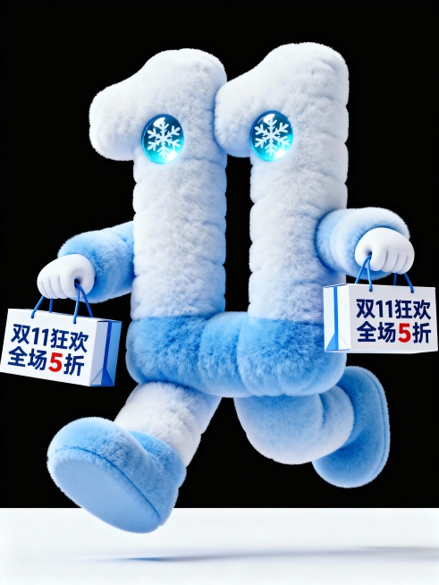 3D 风格，膨胀风格的“11”，拟人化图标，两个雪花眼带淡蓝反光，双手提着服饰礼盒，盒子上写着“双11狂欢 全场 5 折”，整体元素跳起来；膨胀质感为哑光绒毛，蓝 + 白促销配色，纯白色背景预览效果