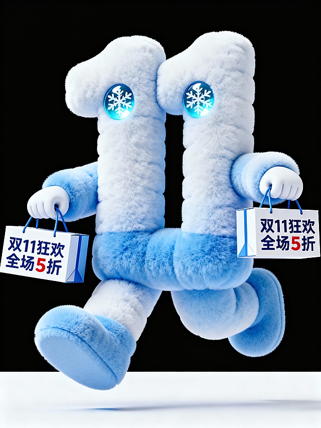 3D毛绒拟人“11”形象，萌趣奔跑持购物袋，雪晶眼设计增强卡通感，体积感十足，传递双11促销狂欢氛围。
