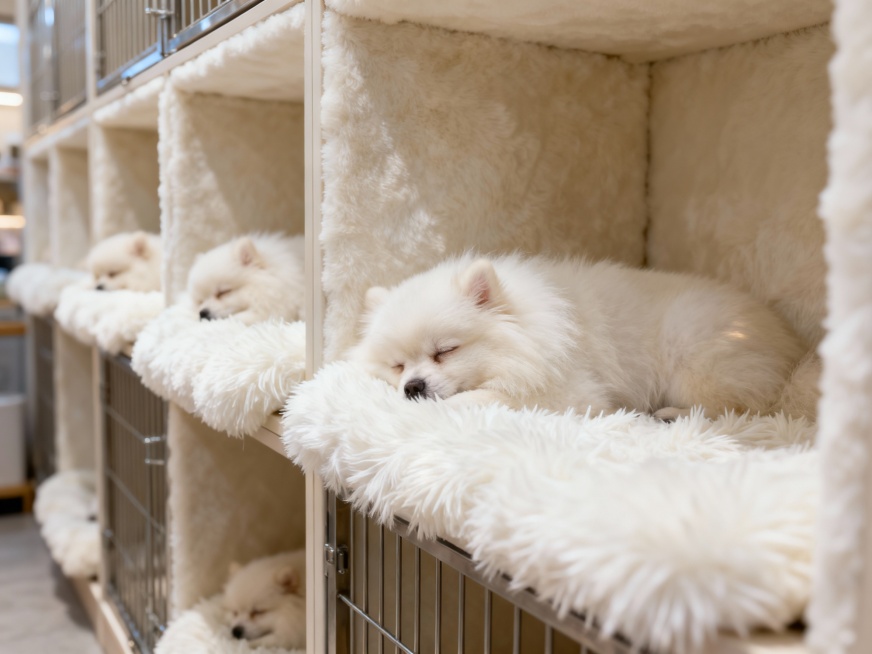 变身软糯米白毛绒质感，帮我生成十张宠物店场景预览效果