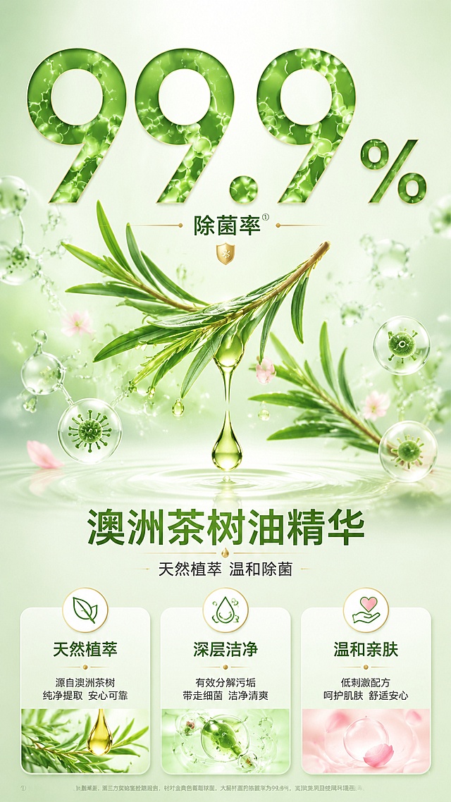 [第3屏] 详情页成分功效-澳洲茶树油精华除菌解析。本屏为成分专屏，不强制使用产品垫图，以成分为主视觉。
[氛围/风格] 科研成分风，清新自然+实验室质感，专业可信，商业摄影级微距。
[元素布局] 画面上半部分为超大号「99.9%」数字，占画面35%以上，数字内部填充茶树油精华分子结构纹理；数字下方中央摆放新鲜澳洲茶树枝叶和精油滴液特写，精油水珠晶莹剔透；周围漂浮微观分子结构、除菌气泡等元素；底部有3个成分功效卡片横向排列。
[光影质感] 顶部柔光打亮数字和茶树叶片，侧光突出精油滴液的通透质感，底部柔和阴影，整体干净专业。
[配色色系] 全局底色浅薄荷绿渐变 #E8F5E9；主色茶树绿 #689F38、白色；辅助色金色点缀、浅粉色；数字用深绿色加粗。
[视角构图] 中心对称构图，上大数字 → 中茶树精油 → 下功效卡片，自上而下阅读动线。
[文字版式] 顶部大数字「99.9%」，下方小字标注「除菌率」；中部主标题「澳洲茶树油精华」，副标题「天然植萃 温和除菌」；底部3张圆角卡片：「天然植萃」「深层洁净」「温和亲肤」，每张配小图标和简短说明。文字清晰层级分明。
[比例分辨率] 9:16 竖版比例，4K分辨率，文字清晰可辨，高清画质。
[负向提示词] 医疗术语，治疗承诺，虚假宣传，水印，文字错乱，画面杂乱，元素过小。