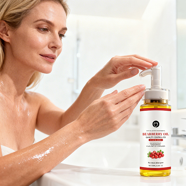 A Caucasian woman in her 30s gently pressing the pump of Bearberry Oil bottle, close-up on hands and product, clean bright bathroom background, skin looks hydrated and dewy, natural lighting, realistic photography, 1:1 aspect ratio