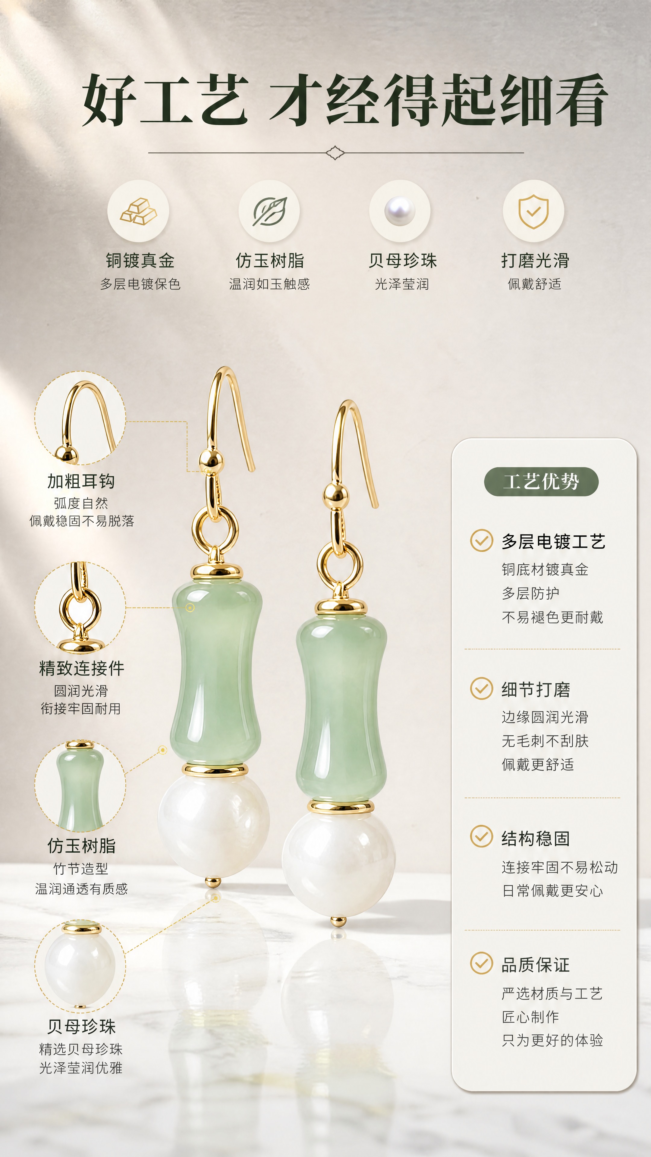 [商品] 使用【图1】节节高升耳环；保留竹节形浅绿色仿玉珠、白… - 图片创意预览