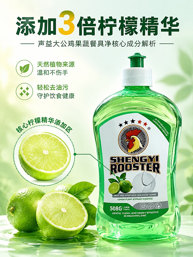 [第3屏] 成分解析屏-声益大公鸡果蔬餐具净核心成分解析。本屏使用【图1】作为商品主体。
[氛围/风格] 清新自然成分风，干净通透，突出天然植物精华质感。
[元素布局] 产品放置画面右侧占比约60%，左侧为成分展示区，摆放3片完整新鲜青柠檬，标注出柠檬精华区域，用细线引线标注产品核心添加部位；整体背景为浅青柠渐变，突出天然成分特征；产品外观保持与原图一致。
[光影质感] 左侧柔光打亮柠檬，右侧柔光打亮产品，整体通透清新，突出植物天然质感。
[配色色系] 浅青柠绿渐变底色，主色深绿+薄荷绿，辅助色柠檬黄点缀。
[视角构图] 左文右图构图，成分区左，产品区右，层次分明。
[文字版式] 顶部主标题「添加3倍柠檬精华」，左侧卖点文案「天然植物来源 温和不伤手」，「轻松去油污 守护饮食健康」，引线标注「核心柠檬精华添加区」，文字清晰排版舒展。
[比例分辨率] 3:4竖版比例，4K分辨率，文字清晰可辨，高清画质。
[负向提示词] 产品变形，文字错乱，虚假夸大文案，颜色偏差，柠檬模糊不清。