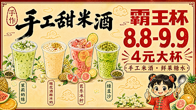 国潮手绘风格糖水铺横版灯箱广告，16:9比例，米黄色复古纸张底色，红色边框，暖黄色调。画面左上角大字体标题"手工甜米酒"黑色毛笔书法，旁边红色"手作"印章。中间横向排列4杯手绘糖水饮品：茉莉奶绿（浅绿色配茉莉花）、桂花酒酿冰奶（米黄色带桂花）、芭乐冰柠（粉红色带柠檬芭乐）、绿豆沙（绿色沙冰），每杯下方有竖排品名标签。画面右侧超大红色字体"霸王杯 8.8-9.9"和"4元大杯"，底部小字"手工米酒·鲜果糖水"。右下角是一个可爱的国潮小女孩卡通形象，扎着两个丸子头或麻花辫，穿红色唐装，手里举着勺子，竖大拇指，笑容甜美可爱。其余布局、产品、文字、装饰元素（祥云、水果、花卉）与参考图完全一致。画面中必须完整呈现以下文字："手工甜米酒"、"手作"、"茉莉奶绿"、"桂花酒酿冰奶"、"芭乐冰柠"、"绿豆沙"、"霸王杯"、"8.8-9.9"、"4元大杯"、"手工米酒"、"鲜果糖水"。画面中所有数字必须精确渲染。画面整洁，版式精美。