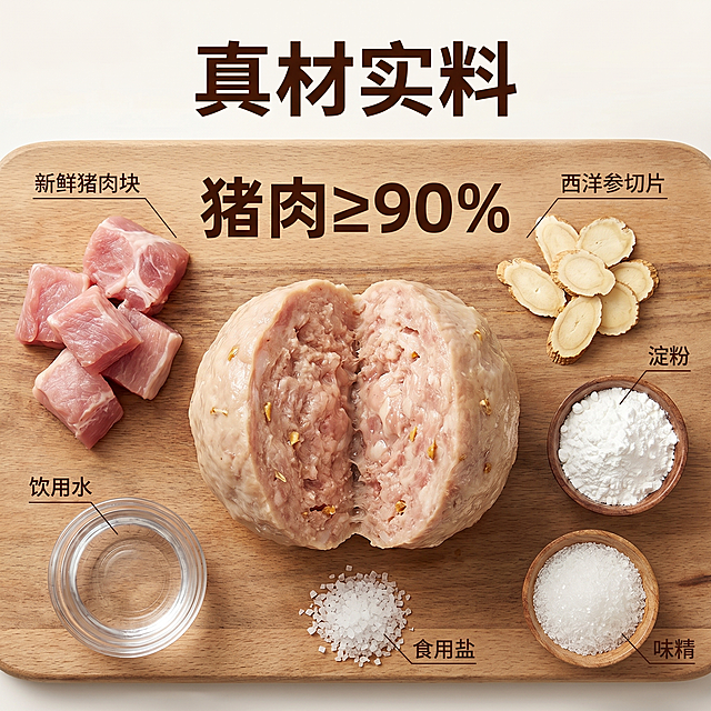 [主图 2] 西洋参猪肉丸核心成分展示图，突出真材实料。
[氛围风格] 天然原生质感，健康食材氛围
[画质] 商业摄影质感、光线柔和通透、产品清晰真实、画面干净高级。
[元素] 切开的西洋参猪肉丸展示细腻弹嫩肉质肌理，周围环绕着核心原料：新鲜猪肉块、西洋参切片、饮用水、淀粉、食用盐、味精，原料分类摆放清晰。保持切开后肉丸口感纹理与原产品质地一致，所有原料真实自然无修饰。商品主体占比约70%，画面满屏无边框。
[光影] 自然 diffuse 柔光，突出肉质细腻纹理和原料新鲜度，整体明暗均匀通透。
[配色] 主色调为食材自然本色：肉色米白、深棕木质、西洋参浅黄，自然质朴配色。
[视角构图] 俯视平铺构图，食材层次分明，清晰展示所有核心原料。
[文字版式] 顶部居中主标题「真材实料」深棕粗体，画面中部用大号加粗字体标注「猪肉≥90%」数字醒目突出，周围细线标注各原料名称，文字配色与背景强对比，清晰易读。
[比例分辨率] 1:1 比例，2k 分辨率；文字清晰锐利，画面超高清。
[负向提示词] 变形，水印，文字错乱，产品图模糊，背景杂乱，牛皮癣，配色刺眼，遮挡主体