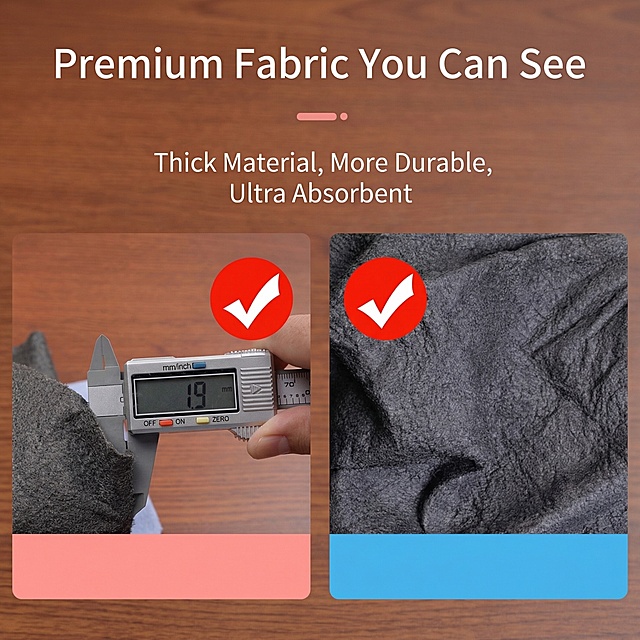 Keep the original product shape and color unchanged, use slice effect design, do not cut the product. Title: "Premium Fabric You Can See", content: "Thick Material, More Durable, Ultra Absorbent". Two sections showing thickness measurement with caliper and close-up of fabric texture, both marked with checkmarks. Prominent English text, clean realistic style, 1:1 composition, do not change the product. Keep the product exactly as the original image. Non-white background