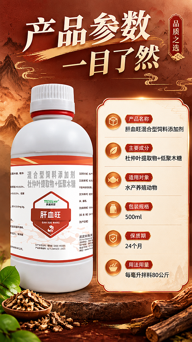 [商品] 使用【图1】肝血旺混合型饲料添加剂白色塑料瓶；保留瓶身完整结构、标签文字、Logo、颜色材质；产品置于左侧，占画面40%。
[画面] 目标：规格参数页，清晰呈现产品信息与用法用量。构图：左图右文布局，左侧产品标准照，右侧参数信息卡。景别：中景。阅读动线：顶部主标题→左侧产品→右侧参数卡→底部用量说明。前中后景：前景产品，中景信息卡片，后景红棕渐变纹理背景。
[视觉] 套系策略：风格=国风红棕商业摄影，参考红八珍详情页的大字标题+原料环绕+渐变背景手法；标题字=粗黑体+宋体组合，大字醒目；正文字=简洁无衬线黑体；主色=红棕色（取自瓶身标签）；背景延展=基于红棕色做深浅渐变、同色山水纹理、纸张质感；强调色=金橙色，仅用于小面积图标、引线、标签和光效；标题色=米白+红棕；正文色=深棕；组件=圆角信息卡、细线引线、国风印章式标签；光影=左前侧暖柔光，产品立体感强。
[文字] 顶部主标题"产品参数 一目了然"；右侧信息卡："产品名称：肝血旺混合型饲料添加剂""主要成分：杜仲叶提取物+低聚木糖""适用对象：水产养殖动物""包装规格：500ml""保质期：24个月""用法用量：每毫升拌料80公斤"；文字横排，手机端清晰可读。
[规格] 淘宝/天猫详情页单屏9:16竖版，4K分辨率，负向提示：避免变形、错字、文字模糊、冷蓝背景、产品颜色改变、虚构参数。