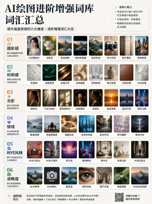设计一张AI绘图进阶增强词库词汇汇总图，整体风格参考现代百科书页/生活方式知识卡，社交媒体高传播信息图，清晰排版。分六大板块列出提升画面质感的进阶增强词汇：
1.摄影感：大光圈虚化、浅景深、黄金构图、预览效果