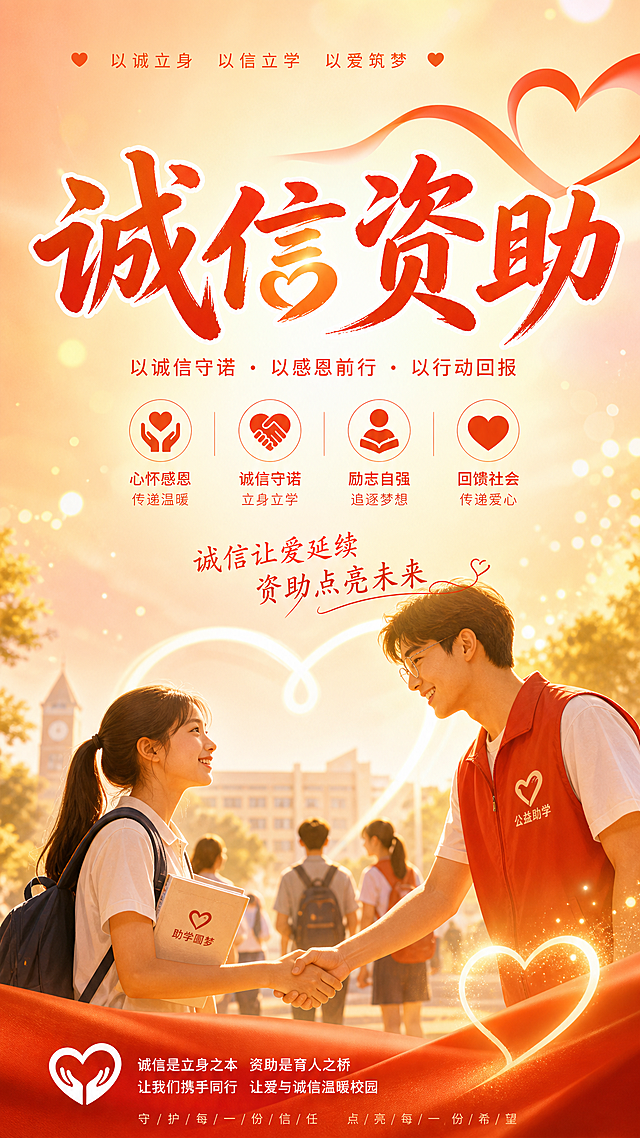 公益诚信资助宣传海报，整体风格温暖正能量，画面突出诚信主题，包含标题文字'诚信资助'，搭配爱心、手牵手公益元素，背景采用暖色调渐变