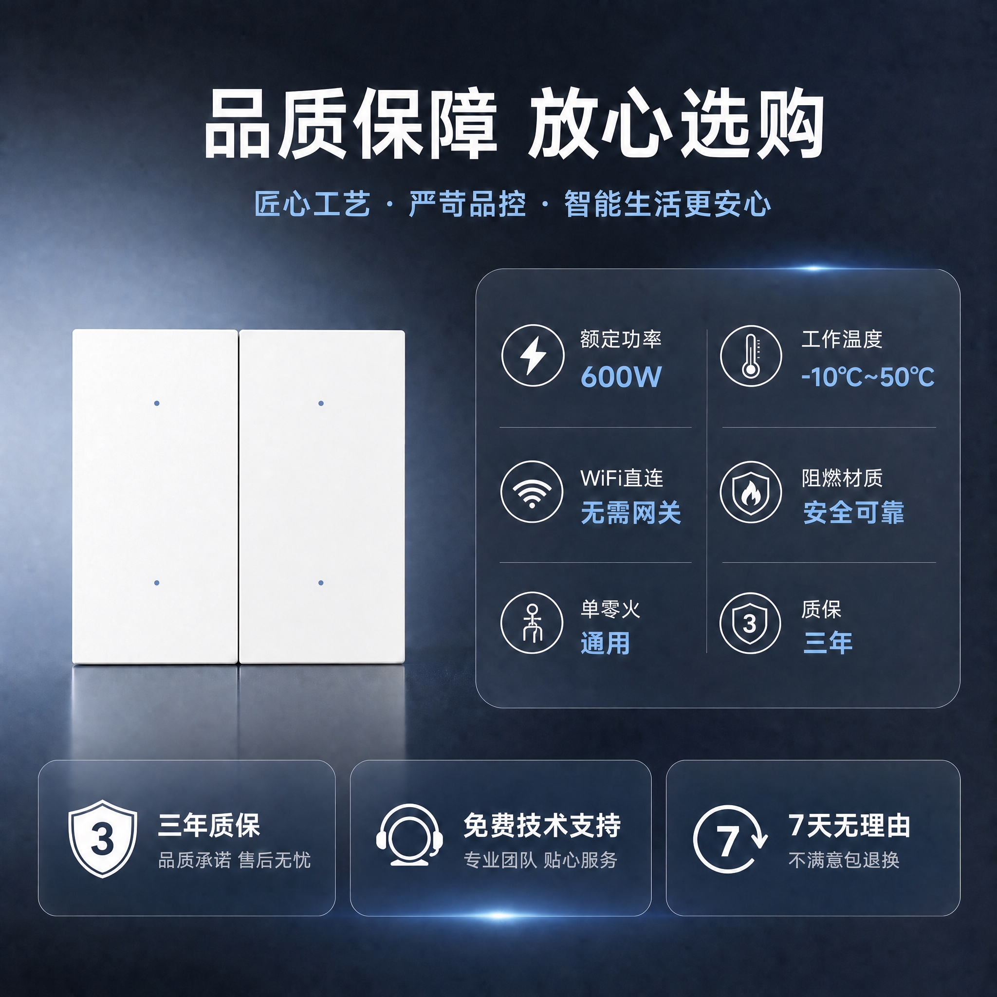 将左侧白色二开智能开关的整体亮度提高，让产品更白更亮，表面呈现… - 图片创意预览