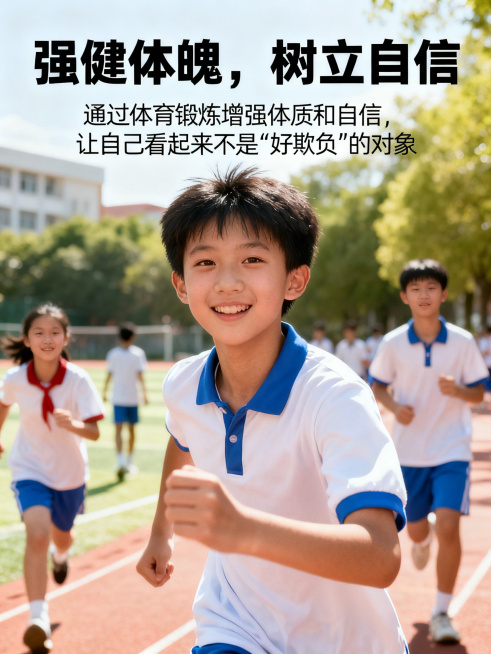 校园防欺凌宣传海报，明亮温暖风格，顶端标题为“强健体魄，树立自信”，下方配文“通过体育锻炼增强体质和自信，让自己看起来不是‘好欺负’的对象”，文字字体统一为清晰易读的黑体，大小协调不遮挡画面，画面主体预览效果