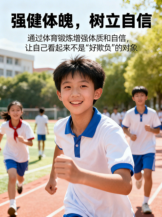 校园防欺凌宣传海报，明亮温暖风格，顶端标题为“强健体魄，树立自信”，下方配文“通过体育锻炼增强体质和自信，让自己看起来不是‘好欺负’的对象”，文字字体统一为清晰易读的黑体，大小协调不遮挡画面，画面主体为学生参与体育运动、阳光自信的场景，色彩明快适合校园宣传栏展示