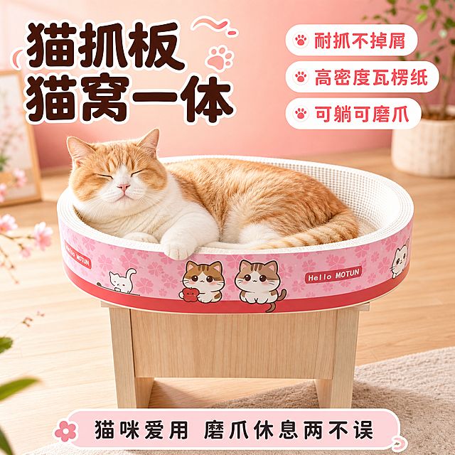 [主图-1] 首图点击率，核心任务：展示椭圆形樱花粉卡通猫抓板猫窝一体产品全貌，突出「耐抓不掉屑 可躺可磨爪」核心利益点，吸引抖音用户点击。
[统一基调] 抖音电商活泼可爱风格，高饱和度暖粉色系主背景，圆润可爱字体，强卖点冲击力，产品清晰可辨。
[画面] 产品位于画面中心偏下，占画面约65%，椭圆形猫抓板完整展示，樱花粉色外圈印有卡通猫咪图案和「Hello MOTUN」字样，白色瓦楞纸内窝清晰可见。一只可爱的橘白英短猫咪正舒适地蜷卧在猫抓板窝内，眯眼享受状态，猫咪占画面情绪焦点。背景为温馨的客厅角落场景，浅色木地板，柔和的自然光从侧面照入，背景虚化处理突出主体。左上角大标题「猫抓板猫窝一体」，右上角三个圆润卖点标签：「耐抓不掉屑」「高密度瓦楞纸」「可躺可磨爪」。底部一条浅粉色圆角条带，写着「猫咪爱用 磨爪休息两不误」。
[光影质感] 商业摄影质感，柔和自然光从左上方照射，产品边缘有自然高光，瓦楞纸纹理清晰可见，猫咪毛发蓬松有层次，底部有柔和接触阴影，整体温暖明亮。
[配色] 主背景暖粉色渐变，辅助色白色、浅粉，强调色珊瑚红，卡片白色圆角，标题字深棕色，辅助文字深灰色。
[文字版式] 主标题用圆润可爱粗体字，深棕色，字号最大；卖点标签为白色圆角胶囊，珊瑚红色文字；底部条带文字深灰色。所有文字放在负空间，不遮挡产品主体和猫咪。
[输出要求] 1:1正方形比例，2K分辨率，文字清晰可读，产品外观与参考图一致，猫咪自然真实，画面干净明亮。禁止变形、错字、模糊、杂乱背景、水印、平台Logo、多余杂物。