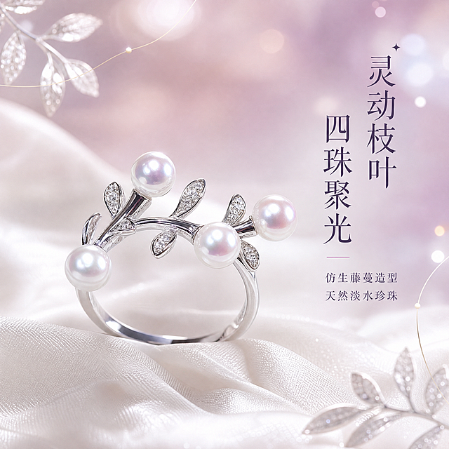 [主图-2] 核心亮点，展示灵动枝叶造型与四珠聚光设计的材质工艺之美。
[统一基调] 风格=清新唯美 法式复古；主色=银白+珍珠白；背景主色=柔和粉紫渐变晕染（浅粉紫到奶白过渡）；标题字色=深紫灰；辅助字色=中灰紫；强调色=柔粉紫；字体=纤细优雅衬线体（宋体风格）；色温3500K-4000K暖白光；光质=柔光漫反射；组件=极细金线点缀、珍珠光斑、叶片剪影装饰。
[画面] 戒指侧视角度特写，主体占比约65%，突出仿生藤蔓蜿蜒缠绕的流畅线条与四颗饱满圆润的天然淡水珍珠排列。戒指放置在奶白色丝绸面料上，丝绸自然褶皱形成柔和起伏。背景为粉紫柔焦光晕，点缀几片银色小叶片。画面左侧或右侧留白放卖点文案。
[光影质感] 柔光漫射突出珍珠的温润光泽与银饰的镜面反光，珍珠表面呈现粉紫色虹彩反光，金属枝叶线条流畅，锆石微镶处有细碎火彩。阴影柔和，丝绸有自然光泽。
[配色] 银白金属+珍珠白主珠+奶白丝绸+粉紫渐变背景，整体色调统一柔和。
[文字版式] 画面右侧竖排（文字横排，靠右对齐），主标题「灵动枝叶 四珠聚光」，下方两行短卖点「仿生藤蔓造型」「天然淡水珍珠」，纤细衬线体，字号有层级。文字不遮挡戒指主珠。
[输出要求] 1:1正方形，2K分辨率，文字清晰，珍珠光泽真实，金属质感细腻，无变形、错字、模糊、杂乱、水印、平台Logo。