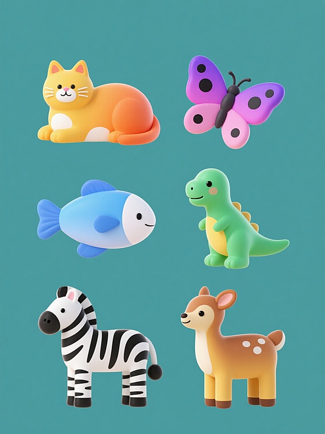 一组软3D风格的系列素材集合，画面整体色彩变换，采用纯色背景，规整排布六个完全不同的动物元素内容：左侧上方是一只橙黄色渐变身体、白色肚皮的趴着的猫咪，右侧上方是一只粉紫色渐变翅膀、黑色斑点的展翅蝴蝶，左侧中间是一条蓝色渐变身体、白色肚皮的游动的鱼，右侧中间是一只绿色渐变身体、黄色肚皮的站立的小恐龙，左侧下方是一匹黑白条纹渐变身体、白色肚皮的站立的斑马，右侧下方是一只棕黄色渐变身体、白色肚皮的站立的小鹿，每个动物都有圆润的边缘和柔和的体积感，整体设计简洁可爱，具有统一的软3D视觉风格和元素类目。