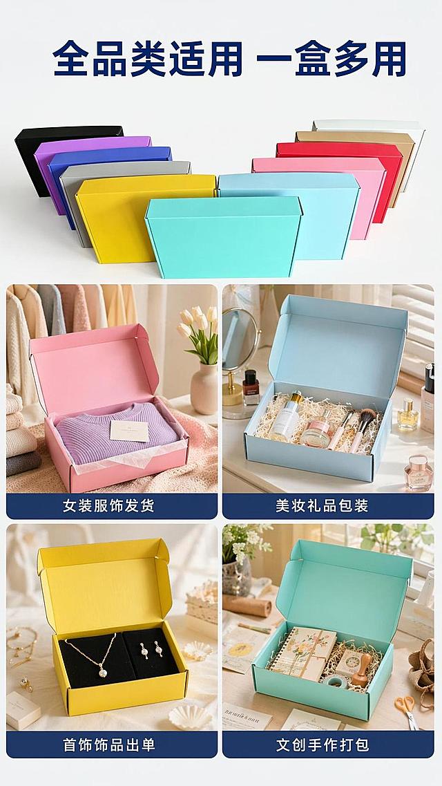 [第6屏] 适用场景展示，多品类产品通用彩色飞机盒。本屏使用【图5】多色V形排列产品作为主视觉。
[氛围/风格] 多场景拼图，生活化氛围感，真实场景代入，突出通用性。
[元素布局] 四格场景拼图，每个格子展示一个适用场景：1.女装服饰发货、2.美妆礼品包装、3.首饰饰品出单、4.文创手作打包；每个场景植入对应尺寸彩色飞机盒，主图区域展示多色飞机盒全景，下方四个小场景分栏；产品颜色、结构与输入图一致。
[光影质感] 每个场景自然光影，接近真实使用环境，色彩自然柔和。
[配色色系] 全局底色 #F5F8FA，每个场景背景用对应场景环境色，主标题深蓝色突出。
[视角构图] 上大下小拼图布局，顶部主图占50%，底部四个小场景各占1/4宽度，阅读从上到下。
[文字版式] 顶部主标题「全品类适用 一盒多用」，每个小场景底部标注场景名称，文字清晰不遮挡主体，大小适中移动端可读。
[比例分辨率] 9:16 竖版比例，4K分辨率，文字清晰可辨，高清画质。
[负向提示词] 产品变形，颜色偏差，结构错误，文字错乱，水印，背景杂乱。