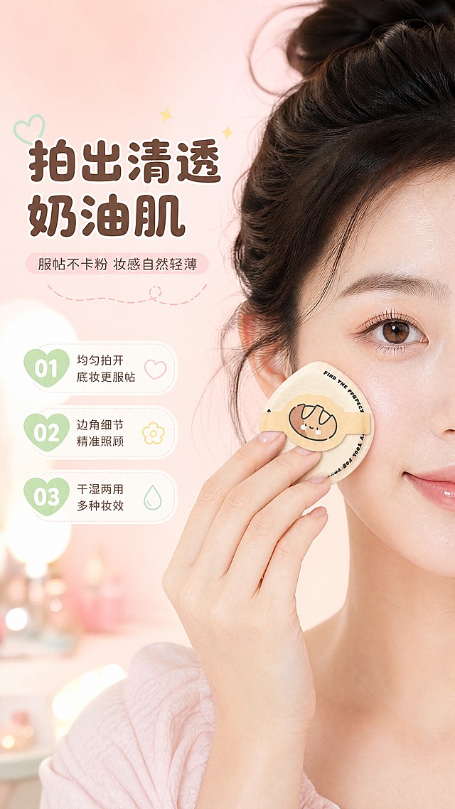 [商品] 使用【图2】面包形粉扑（奶黄色带面包小人图案那一款）；保留粉扑形状、颜色、表面图案；商品处理：保留造型和图案，粉扑由真人手部持握做上妆动作，自然贴合脸部。
[画面] 目标：真人上妆效果页，展示服帖清透妆面。构图：右侧亚洲年轻女性半脸特写（脸颊+下巴区域），左手持粉扑正在脸颊上轻按上妆，粉扑占画面适中比例，左侧留白放文案。背景：柔和粉色渐变+虚化梳妆台光斑，营造温馨化妆氛围。产品与人物自然融合，不做硬分割。
[视觉] 套系策略：风格=甜美少女风商业摄影；标题字=圆润可爱粗体字；正文字=简洁圆润无衬线体；主色=马卡龙粉+薄荷绿；背景延展=基于粉绿做渐变、同色系深浅层级、柔和光斑和可爱装饰元素；强调色=奶黄色，仅用于小面积图标、标签和高光点缀；标题色=深棕咖色；正文色=暖灰色；组件=圆角奶白信息卡、虚线引线、可爱图标；光影=左前侧柔光灯效，人物肌肤通透有光泽，整体明亮温暖。
[文字] 左侧上方主标题"拍出清透奶油肌"，副标题"服帖不卡粉 妆感自然轻薄"。下方3条编号效果：①"均匀拍开 底妆更服帖"；②"边角细节 精准照顾"；③"干湿两用 多种妆效"。文字横排，不遮挡人物脸部和粉扑。
[规格] 图片比例9:16竖版，4K，避免变形、错字、文字过小、冷蓝背景、夸张前后对比、医疗功效表述。