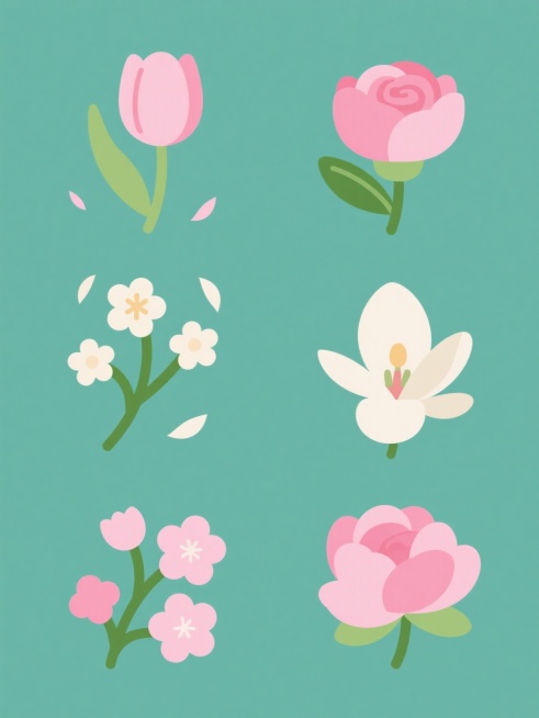 一套六张的系列素材集合，每张素材均为规整排布的单一花朵造型图案，花朵包含郁金香、桂花、玫瑰花、白玉兰、樱花、芍药基本元素内容，整体造型简约现代，采用纯色背景，粉色郁金香花朵，绿色花茎和叶子，几片飘落的花瓣，线条流畅，色彩明快，扁平化设计风格。预览效果