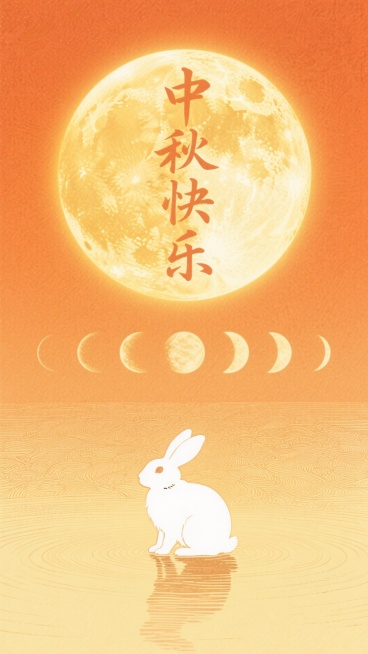 生成中秋海报，从深橙色在顶部到淡黄色在底部。在中央，有一个巨大的发光圆形（代表月亮），从金黄色渐变到软橙色。在这个主圆的下面，排列一个横面的、较小的、半透明的月相（从新月到满月）向中心下降的序列。在主预览效果