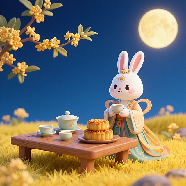 梦幻插画风，可爱兔子拟人化，中秋月下品茶赏饼，超现实主义场景。