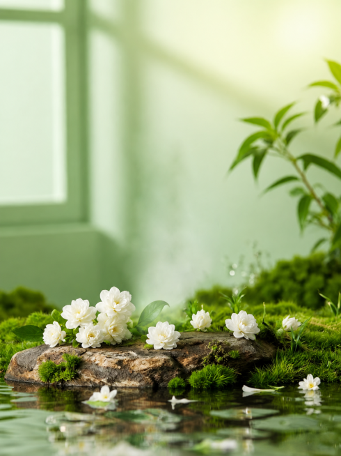 参考原图风格，将图片中的白色小花替换成茉莉花，保留苔藓、石头、水面、绿色房间背景整体场景构图不变预览效果