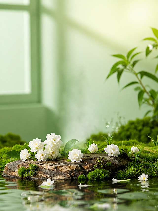 参考原图风格，将图片中的白色小花替换成茉莉花，保留苔藓、石头、水面、绿色房间背景整体场景构图不变