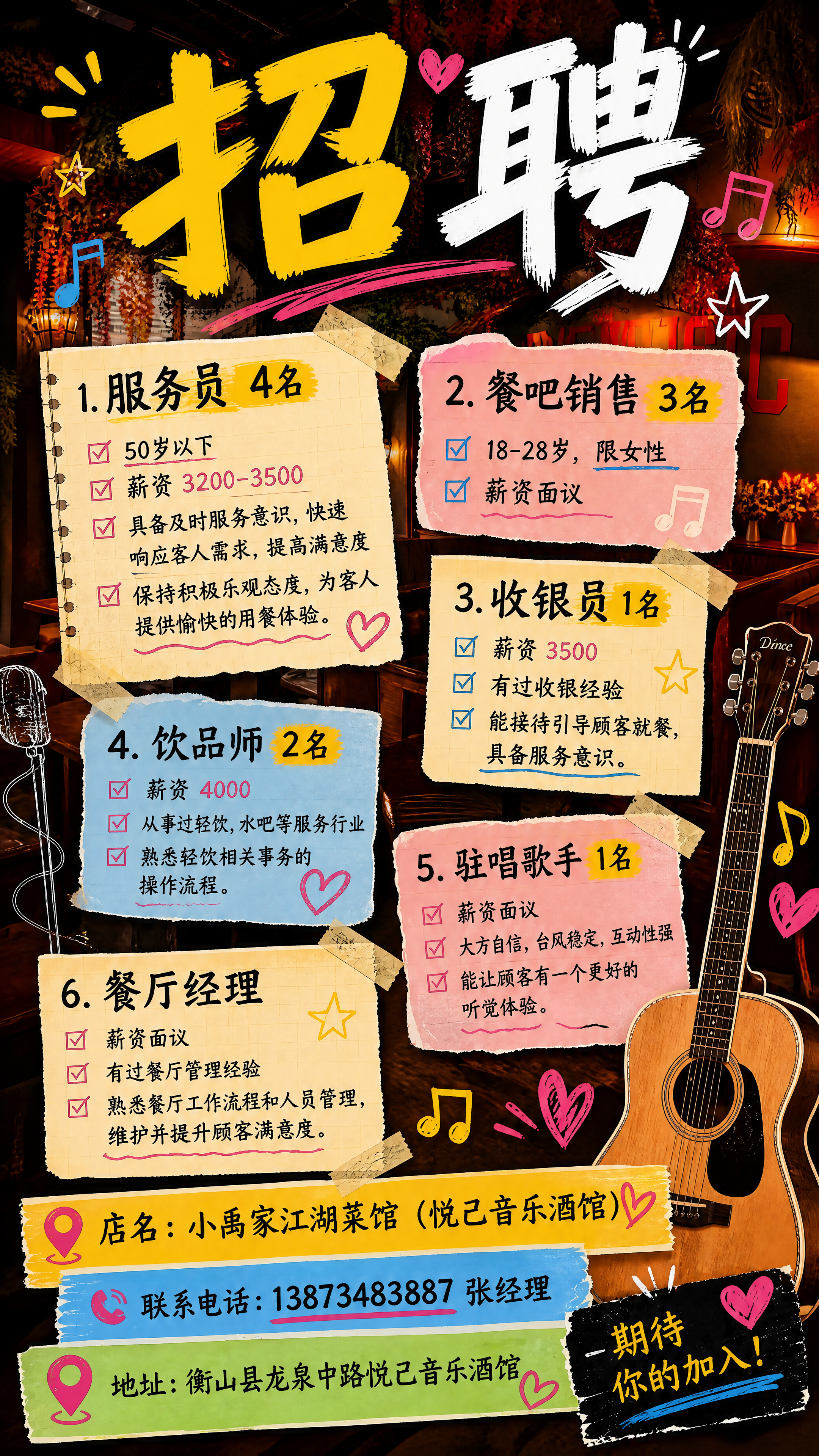 以第一张酒馆室内实景图为背景，参考第二张图的手绘拼贴风招聘海报… - 图片创意预览
