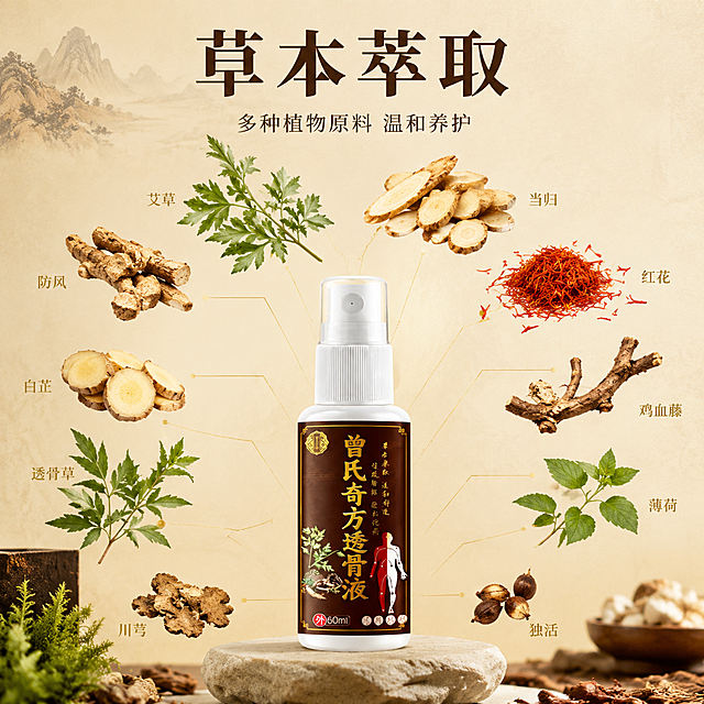 [主图-2] 草本成分解析主图 原料溯源。
[氛围风格] 中式草本原料展示，自然原生态质感，温润高级。
[画质] 超高清商业摄影质感，细节丰富，光线通透，画面干净。
[元素] 画面中央偏下位置摆放曾氏奇方透骨液喷剂瓶。产品上方和左侧环绕悬浮多种真实草本植物原料：艾草叶片、防风根茎、红花、当归切片等，每种原料以自然形态悬浮于空中，大小错落。原料与产品之间用极细的古铜金色细线轻轻连接，指向瓶身标签。背景为浅米色带细微宣纸纹理，左上角有淡淡的水墨山影装饰。**保持产品外观（即物理结构、材质质感、颜色、瓶身标签文字内容与排版）与输入产品图完全一致，杜绝任何变形和色差，精细化处理**。商品主体占比约40%，原料元素丰富画面。
[光影] 顶部柔光均匀照射，每种原料都有清晰的纹理和自然阴影，光线柔和不刺眼，整体明亮通透。
[配色] 主色浅米杏色；辅色深棕、草本绿（原料自然色，作为画面主要元素）、古铜金细线。
[视角构图] 平视略仰视角，产品在下方居中，原料呈弧形环绕上方，构图均衡有呼吸感。
[文字版式] 上方居中位置大标题"草本萃取"，深棕色大号宋体；下方副标题"多种植物原料 温和养护"，小号同色。每种原料旁配极小的名称标注，如"艾草""防风"等，古铜金色细体字。文字横排，清晰可读，不遮挡产品主体。
[输出要求] 1:1比例，文字清晰锐利，超高清商业摄影质感。
[负向提示词] 变形，文字错乱，产品图模糊，背景杂乱，水印，电商平台Logo，医疗功效暗示，夸大宣传。