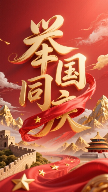 红色背景。主标题笔触飘逸的金色艺术字“举国同庆”，一条突出的动态感强的红色绸布（表面凸显金色星星）贯穿缠绕文字，金色山脉、长城、天坛穿插其在文字周围。预览效果