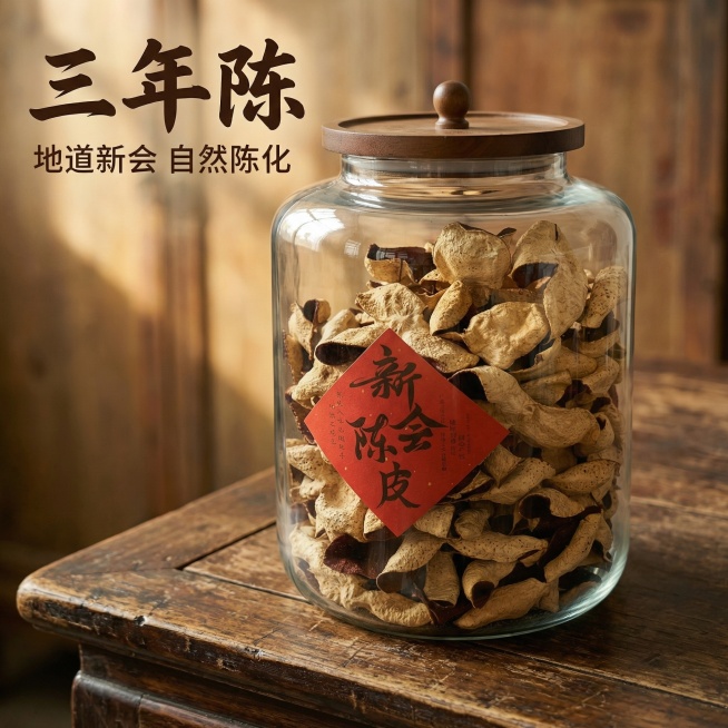 [主图1] 三年陈新会陈皮主图
[氛围/风格] 复古有年代感，温馨自然光氛围，通透质感，高清晰度，保留原产品的玻璃罐和木盖以及陈皮形态，整体氛围感浓厚，抓眼吸睛
[画面元素] 玻璃罐装新会陈皮居中展示预览效果