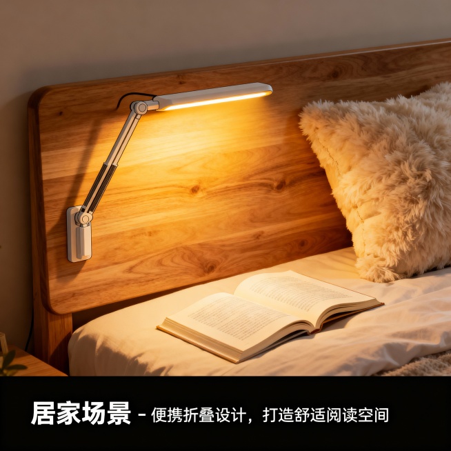 （一）主视觉概念图生成
1.  AIGC提示词设计：结合概念设计方案，明确产品核心形态、风格基调、光影效果、背景氛围要求

2.  输出成果：精选1张最优主视觉概念图，标注核心设计亮点（如可调节灯臂、预览效果