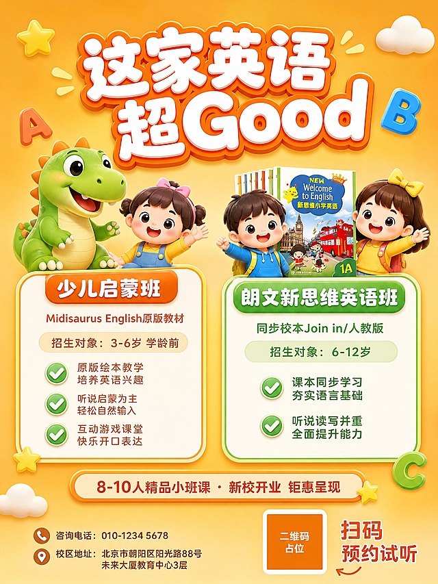 少儿英语招生60x80cm竖版大海报，童趣3D卡通风格，暖橙黄色调为主，画面留白充足，不要太满。顶部大主标题："这家英语超Good"，白色粗体字带橙色描边立体效果，位于顶部居中，周围留有充足空白。海报分为左右两大区域，左侧为少儿启蒙班，右侧为朗文新思维英语班，中间留有明显空白间隔。左侧（少儿启蒙班）：上方是可爱的3D卡通小恐龙和学龄前儿童小形象，下方简洁信息卡片，标题"少儿启蒙班"，副标题"Midisaurus English原版教材"，招生对象"3-6岁 学龄前"，三条精简亮点带对勾小图标。右侧（朗文新思维英语班）：上方是朗文新思维英语教材小图+两个卡通儿童形象，下方简洁信息卡片，标题"朗文新思维英语班"，副标题"同步校本Join in/人教版"，招生对象"6-12岁"，两条精简亮点带对勾小图标。底部区域居中："8-10人精品小班课 · 新校开业 钜惠呈现"小字横幅，右下角小尺寸二维码占位符（纯色方块+"二维码占位"文字）+"扫码预约试听"，左下角小字体联系方式和地址。背景整体暖橙色浅渐变，装饰元素精简，少量星星、云朵、小字母点缀，分布在边角和空白处，不堆砌。整体版式疏朗透气，信息分区清晰，圆角卡片设计，四周留足安全边距，画面不拥挤。画面中所有信息区域必须填充完整合理的内容，不得出现空白框。画面中所有二维码区域使用纯色方块占位符呈现，方块中央标注"二维码占位"文字，严禁生成任何可识别的二维码图案。严格按60x80cm竖版比例构图，主体不拉伸变形。