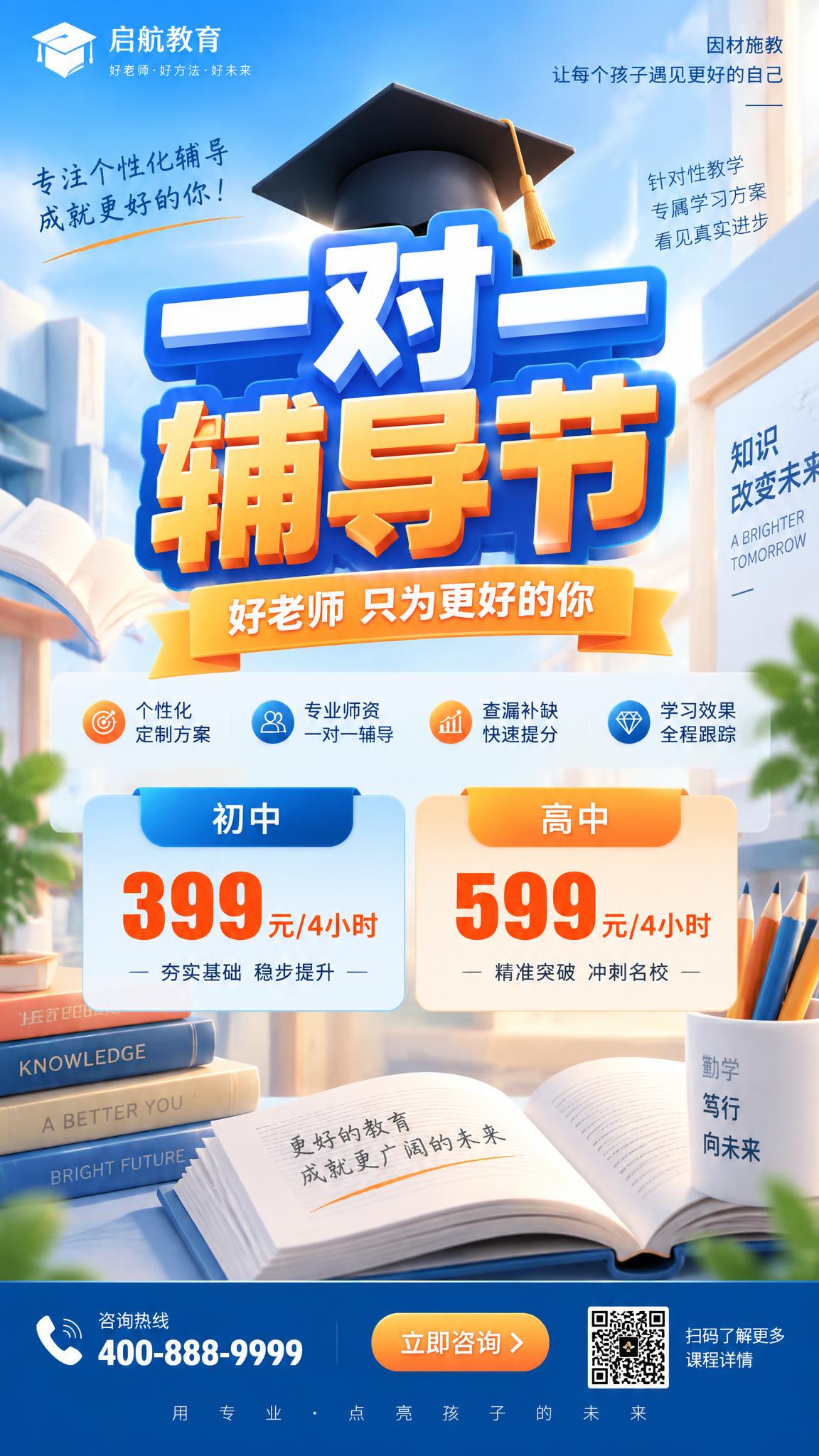 一对一辅导节教育宣传海报，竖版构图，现代简约风格，主色调为蓝色… - 图片创意预览