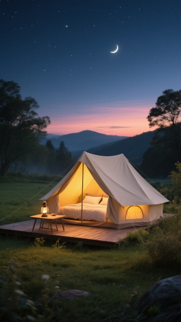 帐篷场景特写，写实风格，夜晚户外露营场景，中央是米色帆布帐篷，帐篷内透出温暖的黄色灯光，内部可见床铺和枕头，帐篷前木质平台上放置着点亮的复古煤油灯和小桌子，周围是绿色草地和低矮植物，远处有树木和朦胧的山脉轮廓，天空呈现深蓝到橙粉渐变的黄昏向夜晚过渡色调，点缀着星星和一弯新月，柔和的自然光与帐篷灯光交织，营造出宁静、温馨、浪漫的氛围，光影细腻，细节丰富，色彩和谐统一。预览效果