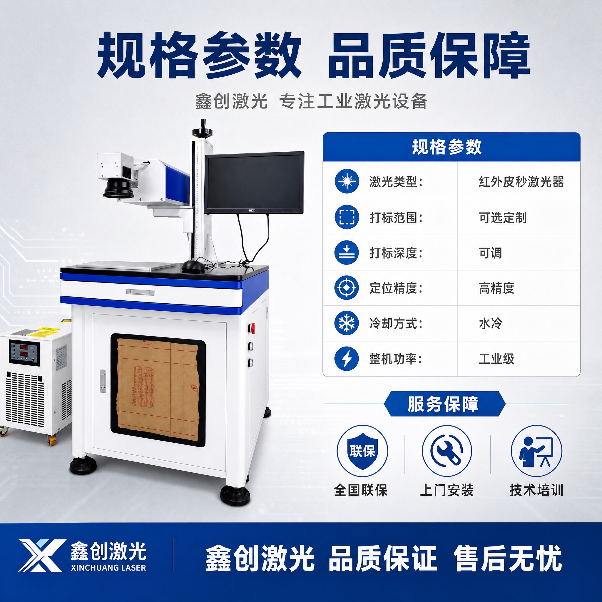 [主图-5] 规格参数与服务保障图，主题为红外皮秒激光打标机规… - 图片创意预览