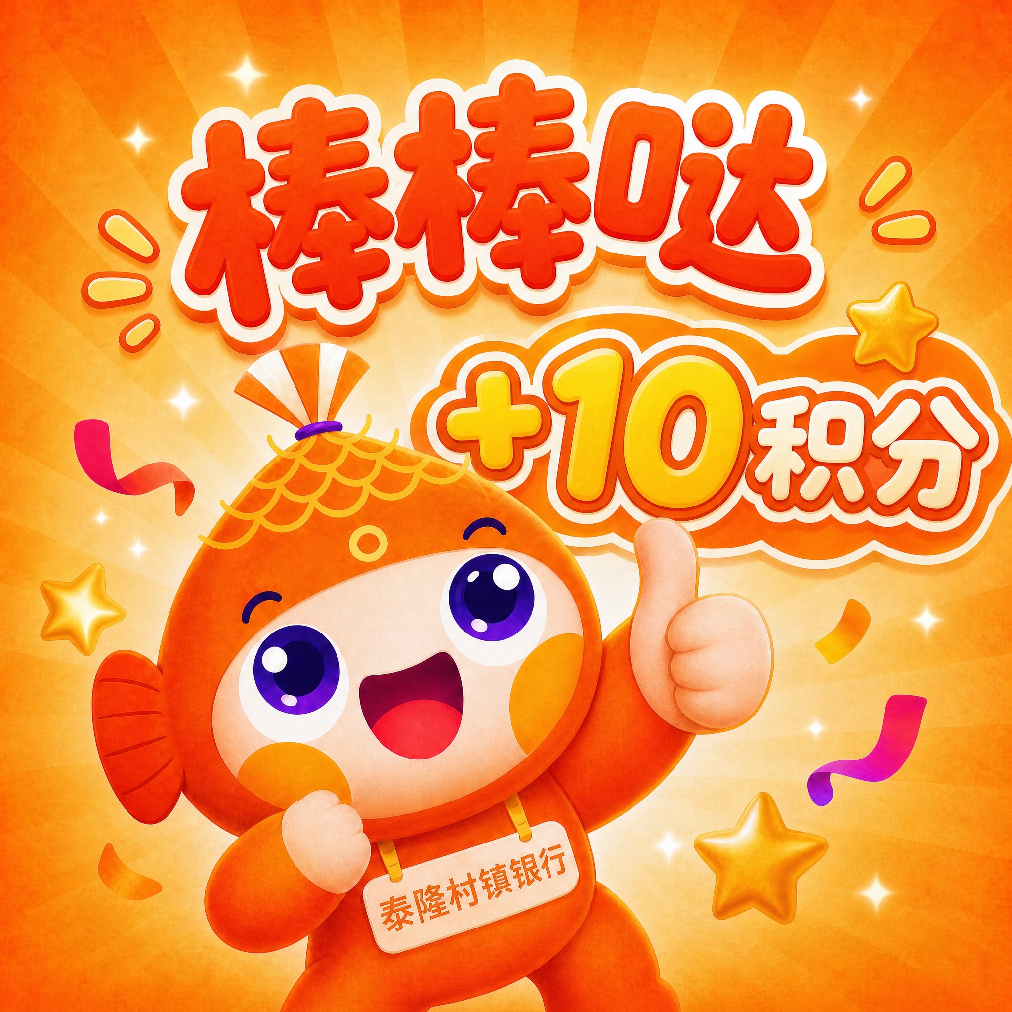 基于参考图中的泰隆村镇银行橙色小鱼吉祥物表情包，画面中同时显示… - 图片创意预览