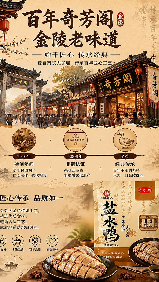[第12屏] 品牌故事-奇芳阁百年传承。本屏使用【图1】包装元素。
[氛围/风格] 国潮古风，历史厚重感，文化叙事，暖色调。
[元素布局] 画面上半部分为南京夫子庙老街国潮插画，有奇芳阁老字号店铺、牌坊、人流，占比约50%；中间为时间轴，标注品牌发展历程；下半部分为品牌理念和包装展示；背景有泛黄宣纸质感，书法文字装饰；整体讲述百年老字号故事。
[光影质感] 暖黄色调，柔和漫射光，营造历史沧桑感，光影均匀有温度。
[配色色系] 全局底色 #F5DEB3（小麦色）；主色 #654321（深棕）；辅助色 #8B4513（棕褐）、#B8860B（暗金点缀）。
[视角构图] 上下叙事构图，阅读动线：顶部场景 → 中部时间轴 → 底部品牌。
[文字版式] 顶部大标题「百年奇芳阁 金陵老味道」，副标题「始于匠心 传承经典」；中部时间轴三个节点：「始创年间」「非遗认证」「经典传承」；底部品牌理念文字；字体为书法体+宋体，有历史感。
[比例分辨率] 9:16 竖版比例，4K分辨率，文字清晰可辨，高清画质。
[负向提示词] 变形，水印，文字错乱，文字过小，颜色偏差，现代建筑，背景杂乱，模糊。