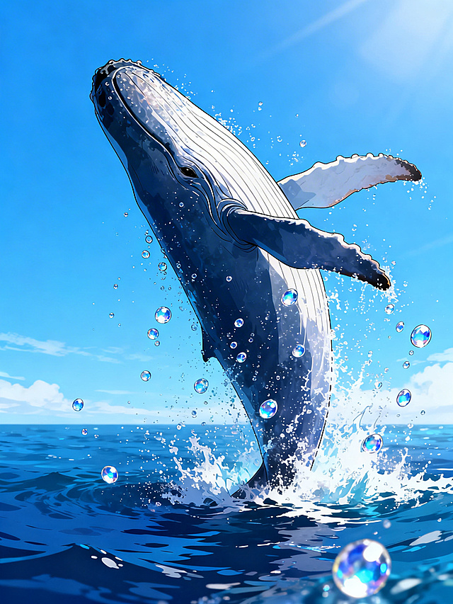 动漫风格，中景，鲸鱼跃至空中的最高点，巨大的尾鳍正用力甩动，带起无数晶莹剔透的水珠四散飞溅，背景是深蓝色的海面和澄澈的天空，光线明亮，画面充满动感，色彩清新，二次元动漫画风